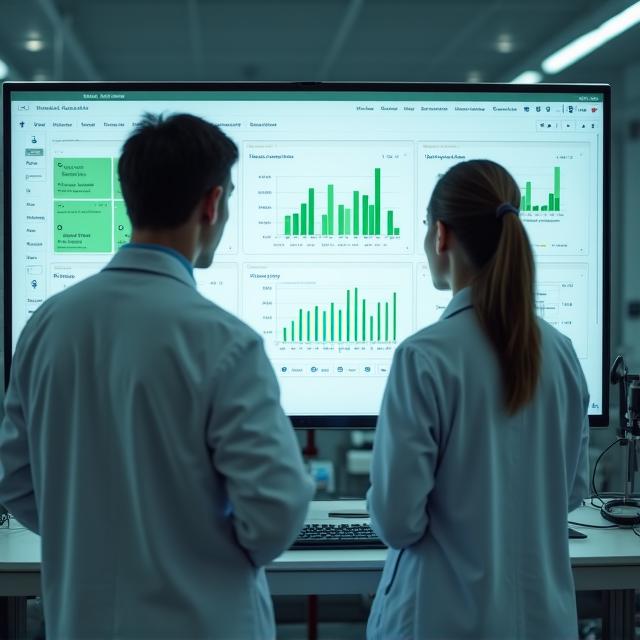 Successful healthcare practitioners reviewing digital analytics dashboard